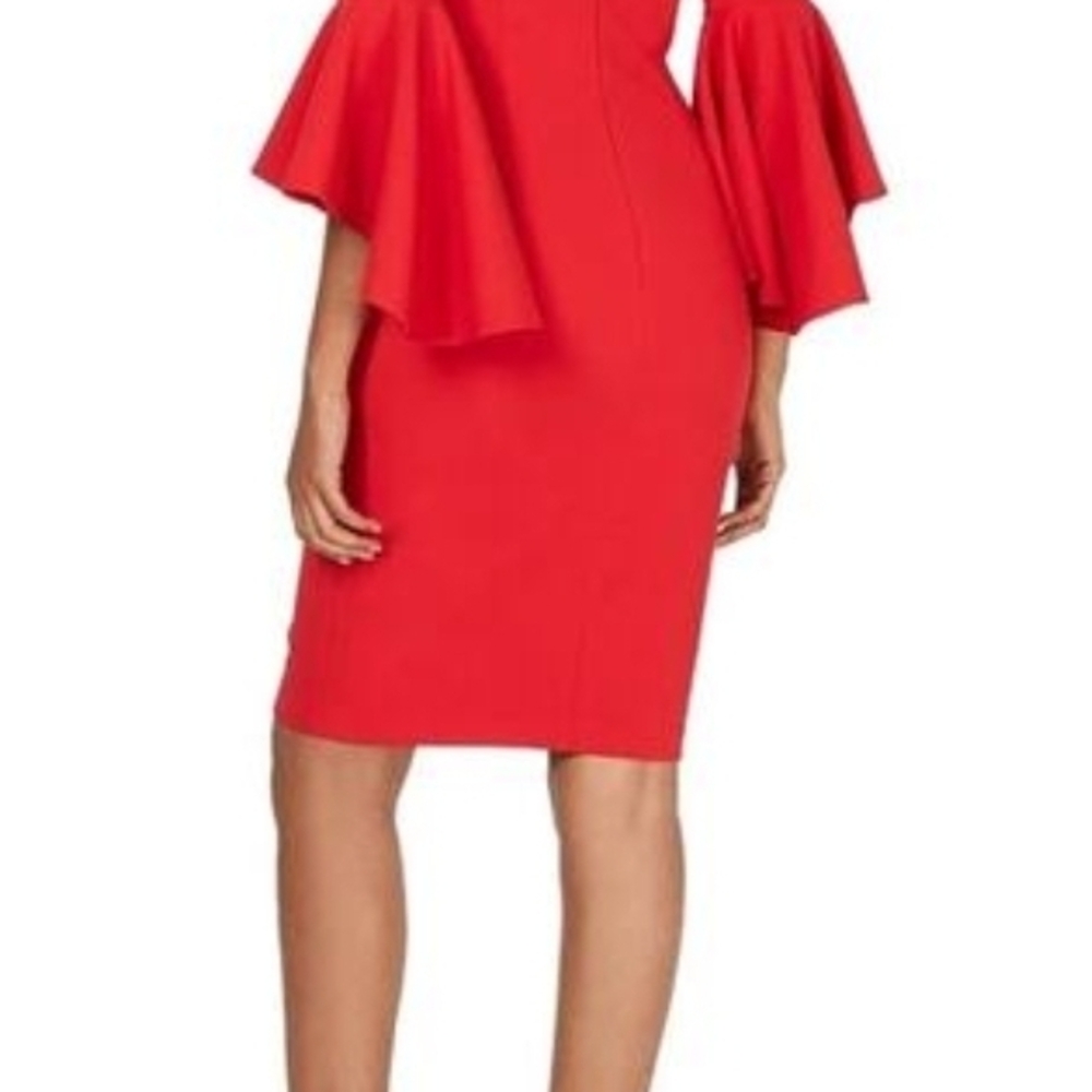 Calvin Klein Red Off-Shoulder Long Bell Sleeve Dress Sz 6 - Picture 3 of 6